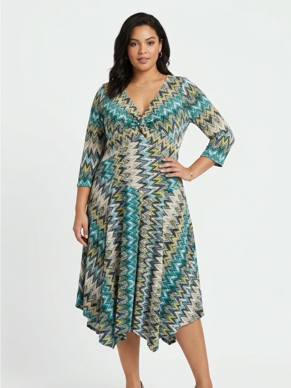 Rabbit Rabbit Rabbit, Teal Zigzag Asymmetrical V-Neck Dress - XL